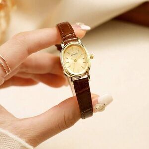 Veloura Women's Daily Wear Brown Leather Strap Gold-Tone Oval Watch